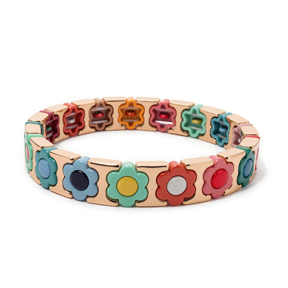 European and American enamel adjustable elastic bracelet for women, summer niche high-end enamel floral bracelet vintage