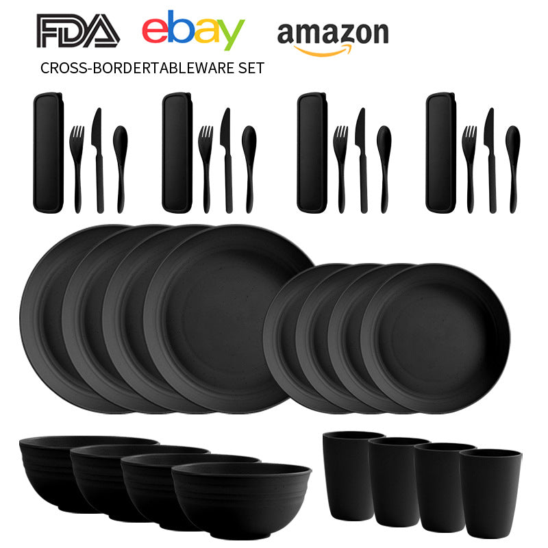 Cross-border Amazon Wheat Straw Tableware suit Black Plate Bowl Cup Knife and Fork Spoon Portable Tableware Bowl Plate suit