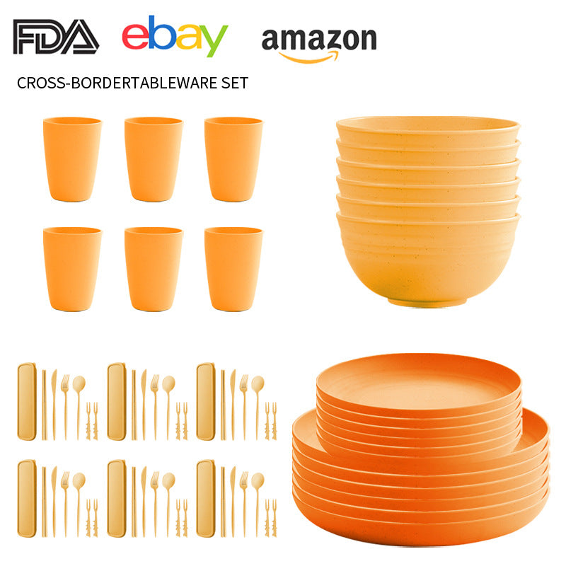 Cross-border Amazon Wheat Straw Tableware suit Black Plate Bowl Cup Knife and Fork Spoon Portable Tableware Bowl Plate suit