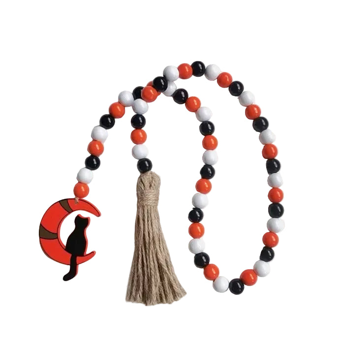 Halloween Wooden Bead Wreath Pumpkin Ghost Hemp Rope Tassel Party Decoration Hanging Ornaments