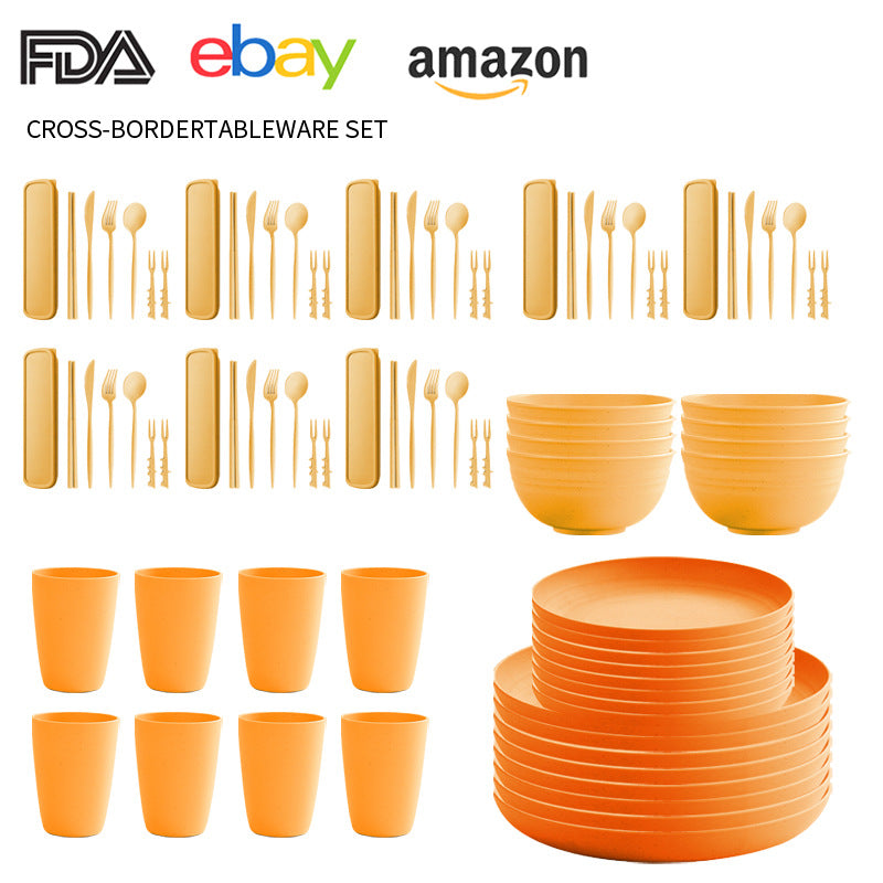 Cross-border Amazon Wheat Straw Tableware suit Black Plate Bowl Cup Knife and Fork Spoon Portable Tableware Bowl Plate suit