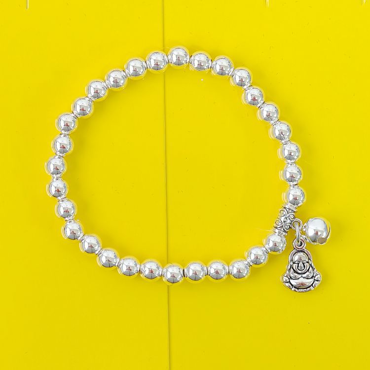 Beaded Lucky Cat Bracelet, Silver-Plated Bracelet with Round Beads, Elastic Cord Handmade Beaded Bracelet from Yunnan, Guizhou, and Sichuan, Auspicious Elephant Bell