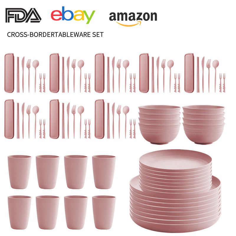 Cross-border Amazon Wheat Straw Tableware suit Black Plate Bowl Cup Knife and Fork Spoon Portable Tableware Bowl Plate suit