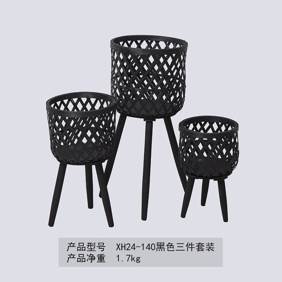 Nordic Style Rattan Flower Pot Indoor Balcony Living Room Plant Green Rose Hand-Woven Wooden High Foot Floor Flower Rack