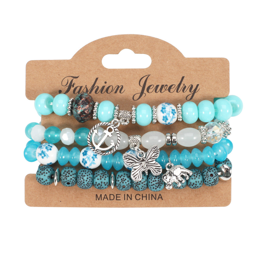 Bohemian Butterfly Ship Anchor Elephant Pendant Multi-layer Bracelet