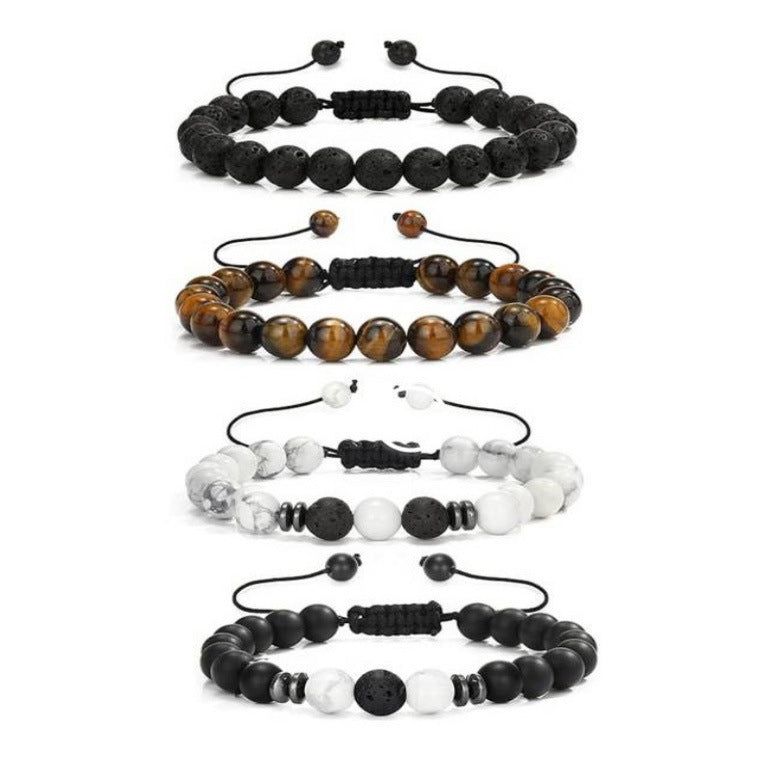 Popular Amazon European and American Men's Fashion Set, Stylish Tiger Eye Volcanic Stone Bracelet, White Pine Snowflake Bracelet, Versatile Accessories