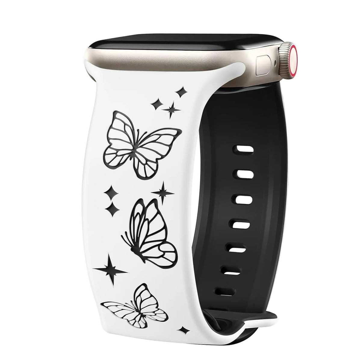Silicone Two-Tone Butterfly Carved Watch Band with Figure-Eight Buckle, 3D Laser Engraving, Pink iWatch Smart