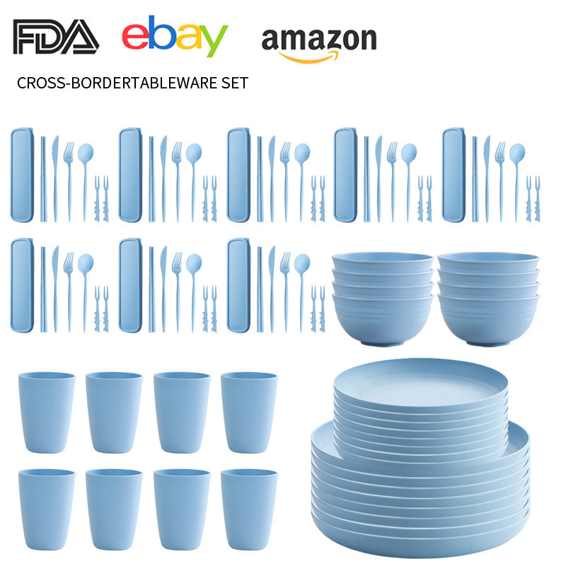 Cross-border Amazon Wheat Straw Tableware suit Black Plate Bowl Cup Knife and Fork Spoon Portable Tableware Bowl Plate suit