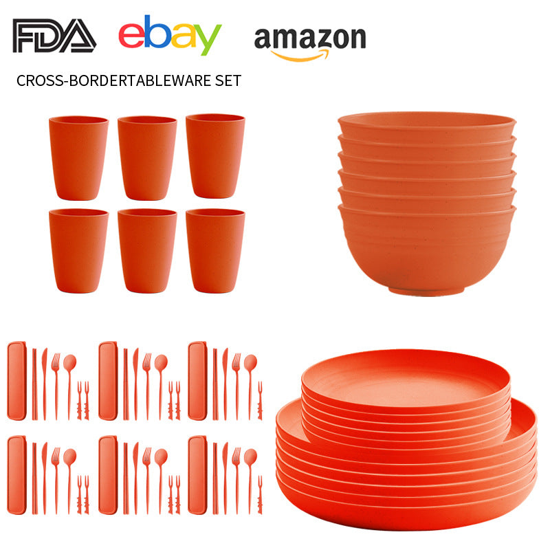Cross-border Amazon Wheat Straw Tableware suit Black Plate Bowl Cup Knife and Fork Spoon Portable Tableware Bowl Plate suit