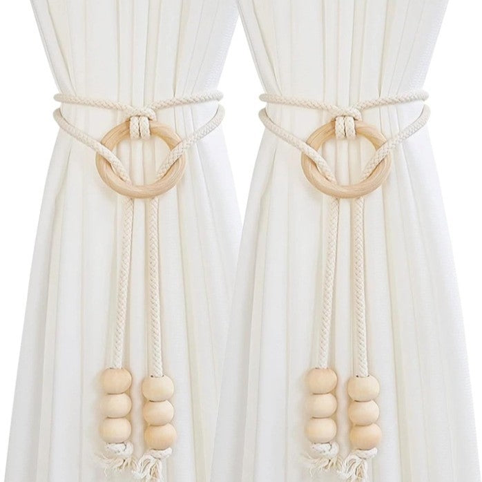 Curtain  Tiebacks with Cotton Rope Weaving Adjustable Sheer Curtain Strap Storage Clips Cream-Style Hanging Ball Decorations