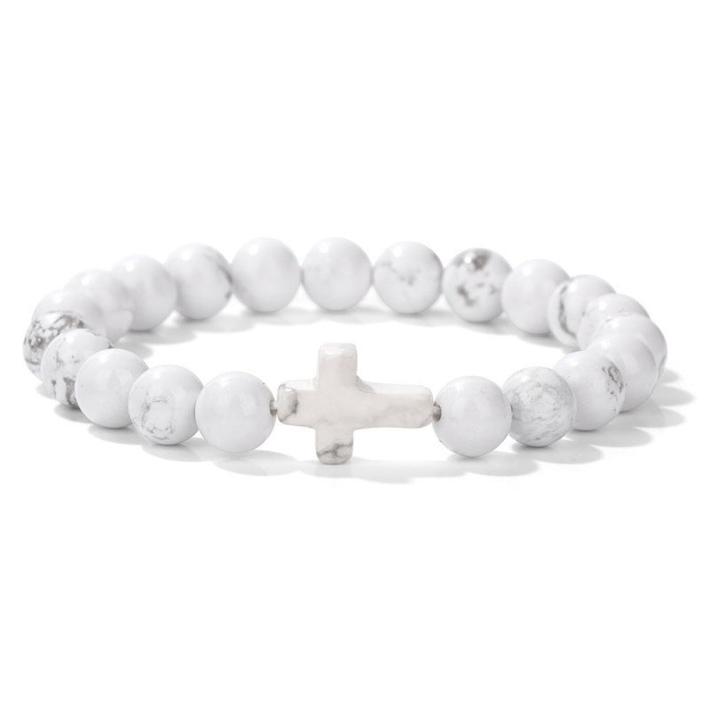 Temu Hot Selling Natural Stone Cross Bracelet Women's Glossy Indian Agate Beads Beaded Bracelet Elastic Bracelet