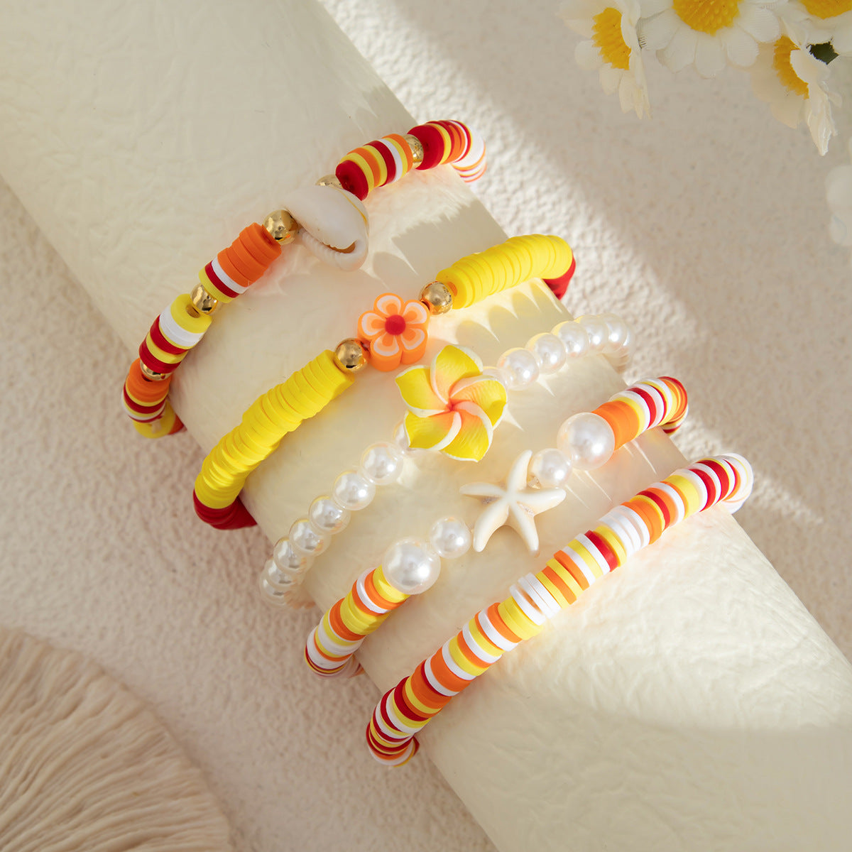 Fresh and Healing Blue and White Soft Clay Beaded Bracelet with Ocean Elements, Multi-Layered, Versatile Summer Commute Bracelet Set