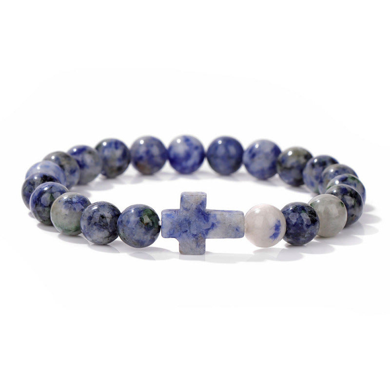 Temu Hot Selling Natural Stone Cross Bracelet Women's Glossy Indian Agate Beads Beaded Bracelet Elastic Bracelet