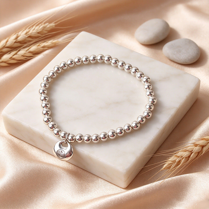 New Style Imitation Silver Tibetan Silver Lucky Cat Pendant Bracelet Glossy Silver Beads Bracelet Simple All-Match Design Jewelry Wholesale