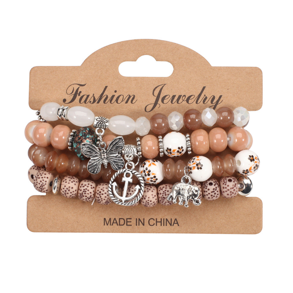 Bohemian Butterfly Ship Anchor Elephant Pendant Multi-layer Bracelet