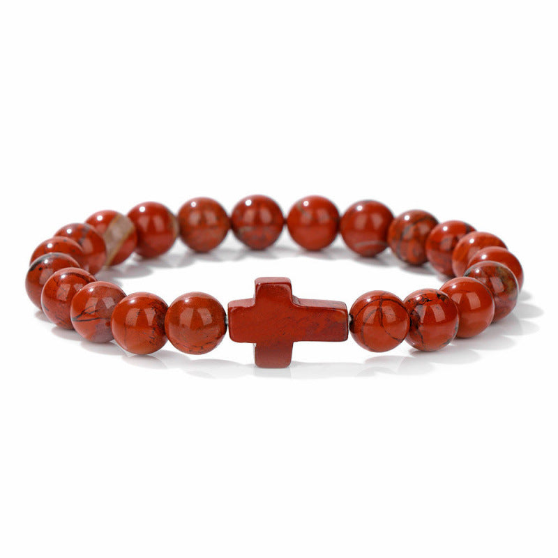 Temu Hot Selling Natural Stone Cross Bracelet Women's Glossy Indian Agate Beads Beaded Bracelet Elastic Bracelet