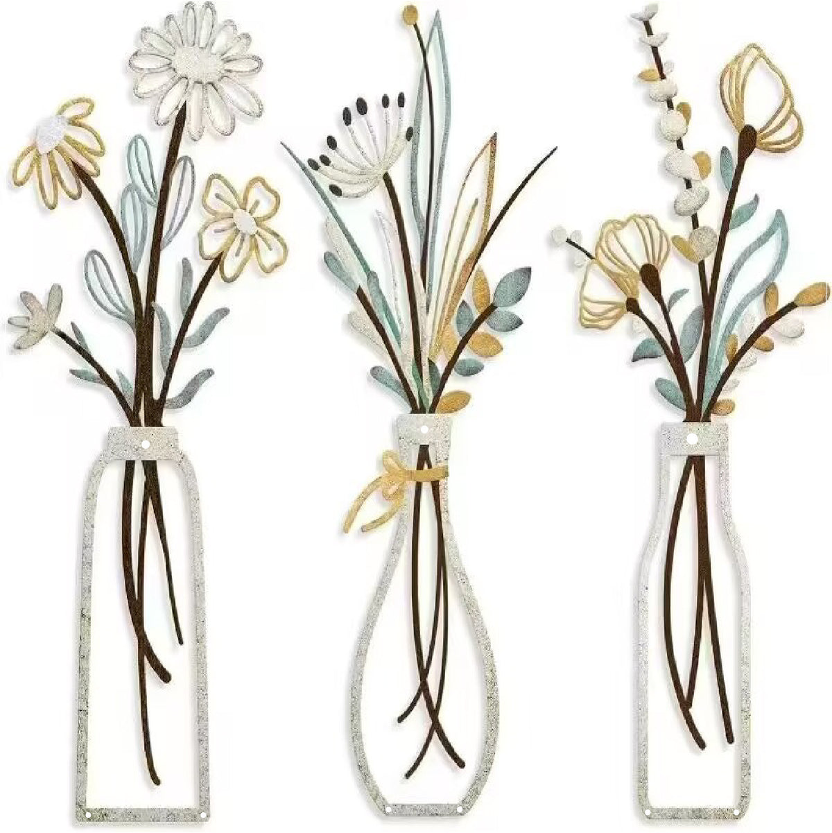 Amazon Three-Piece Metal Flower Wall Decoration Flower Home Bedroom Iron Painting Metal Vase Wall Hanging