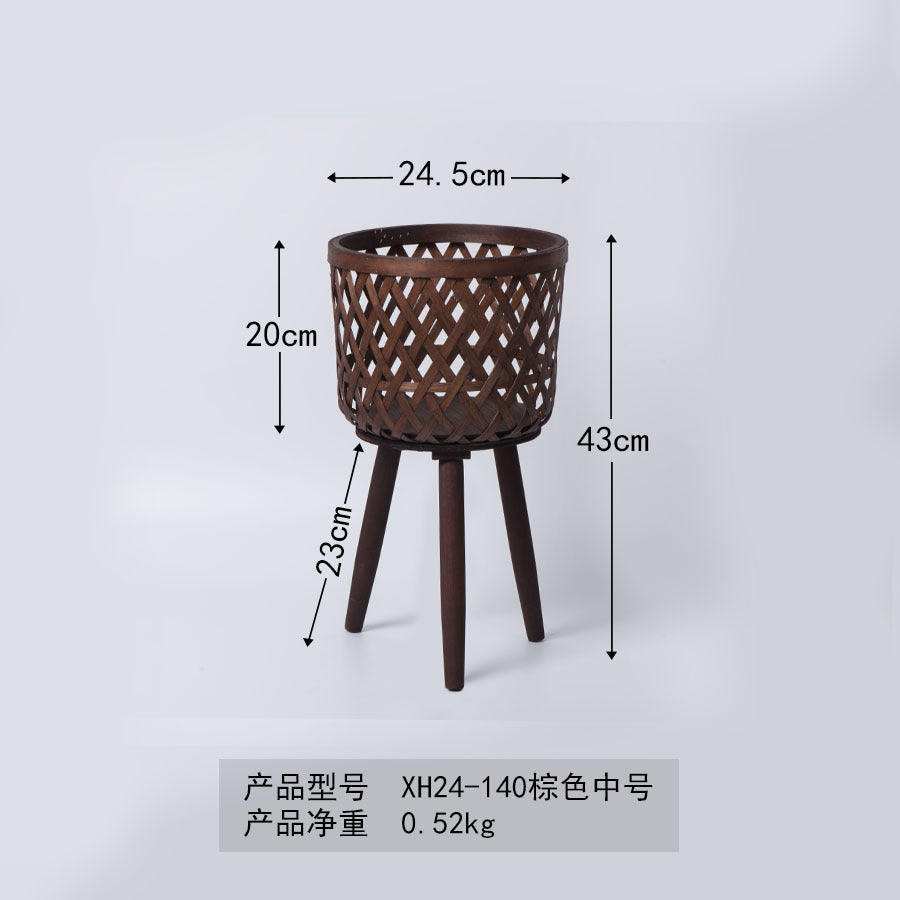 Nordic Style Rattan Flower Pot Indoor Balcony Living Room Plant Green Rose Hand-Woven Wooden High Foot Floor Flower Rack