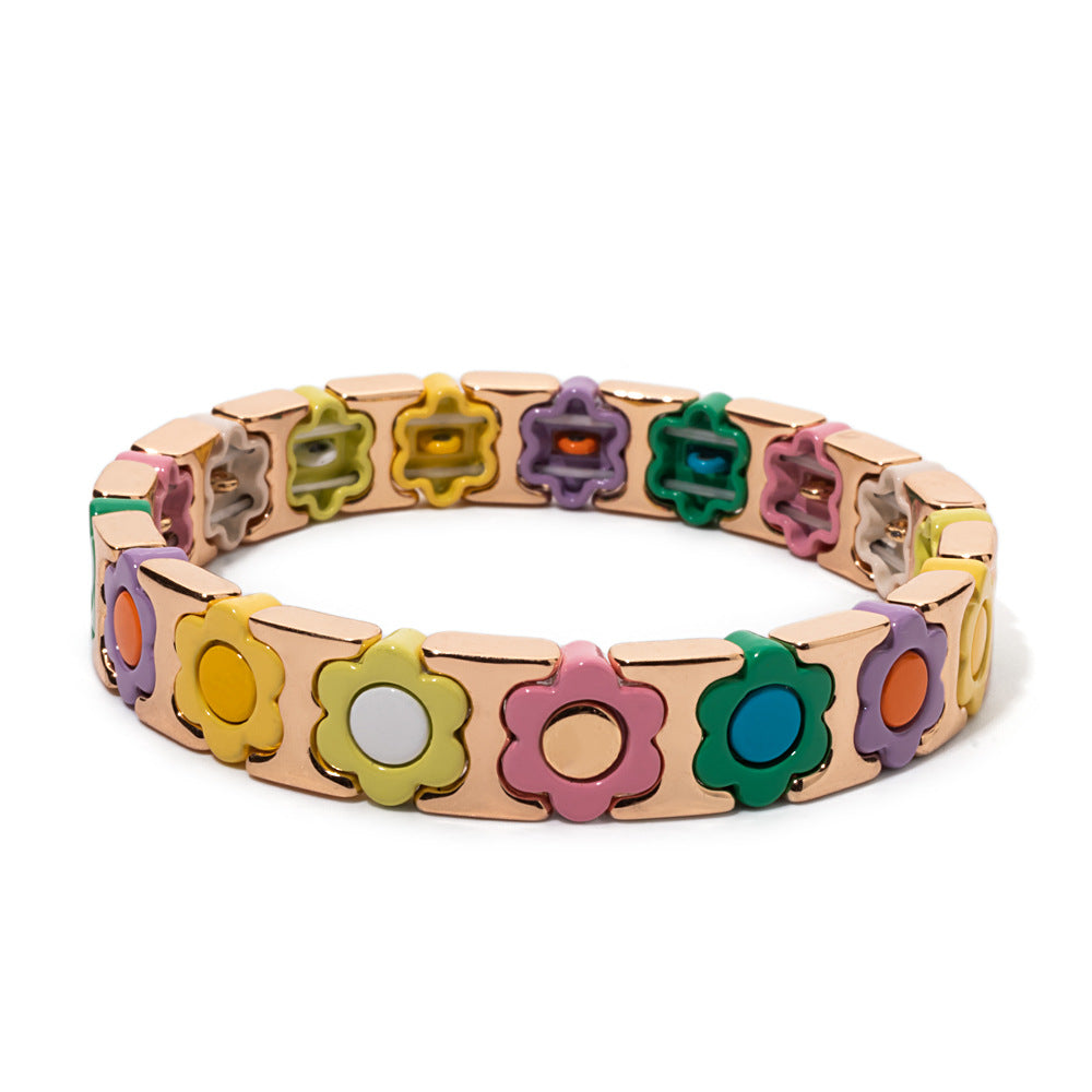 European and American enamel adjustable elastic bracelet for women, summer niche high-end enamel floral bracelet vintage