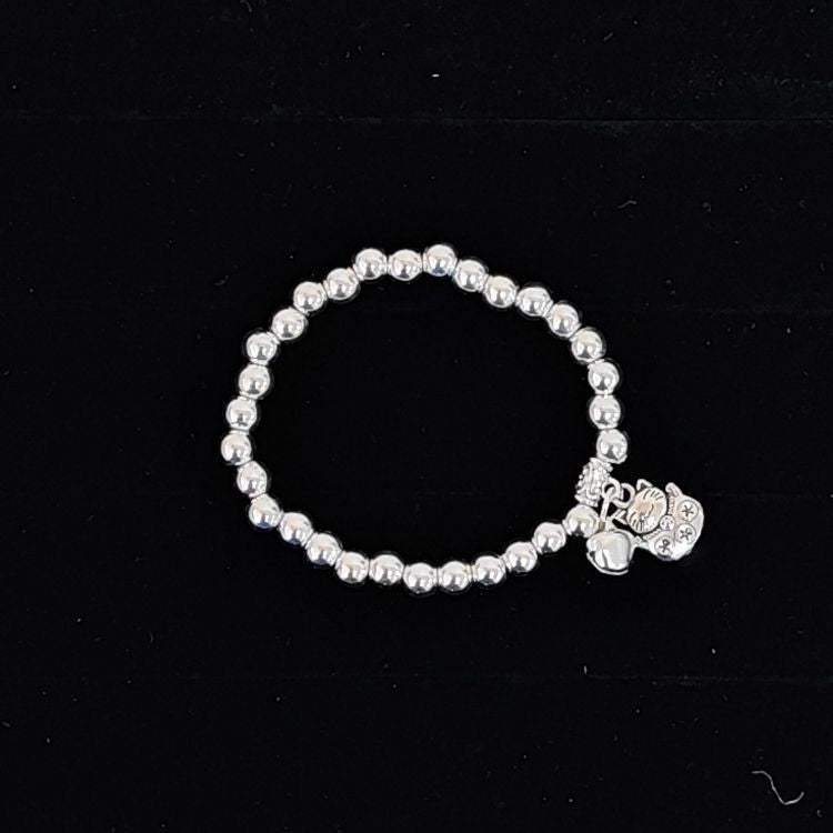 Beaded Lucky Cat Bracelet, Silver-Plated Bracelet with Round Beads, Elastic Cord Handmade Beaded Bracelet from Yunnan, Guizhou, and Sichuan, Auspicious Elephant Bell