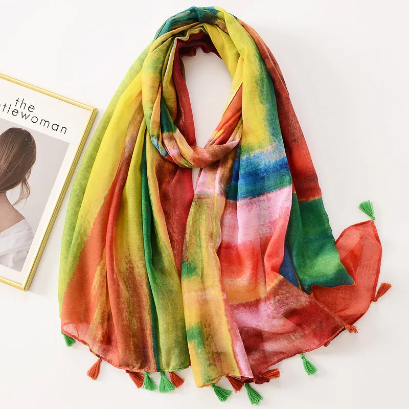 Elegant Woman Shawl Fashion Design Tassel Cotton Scarf Muslim Hijab Scarfs Floral Print Ladies Scarves For Beach Party Bandana