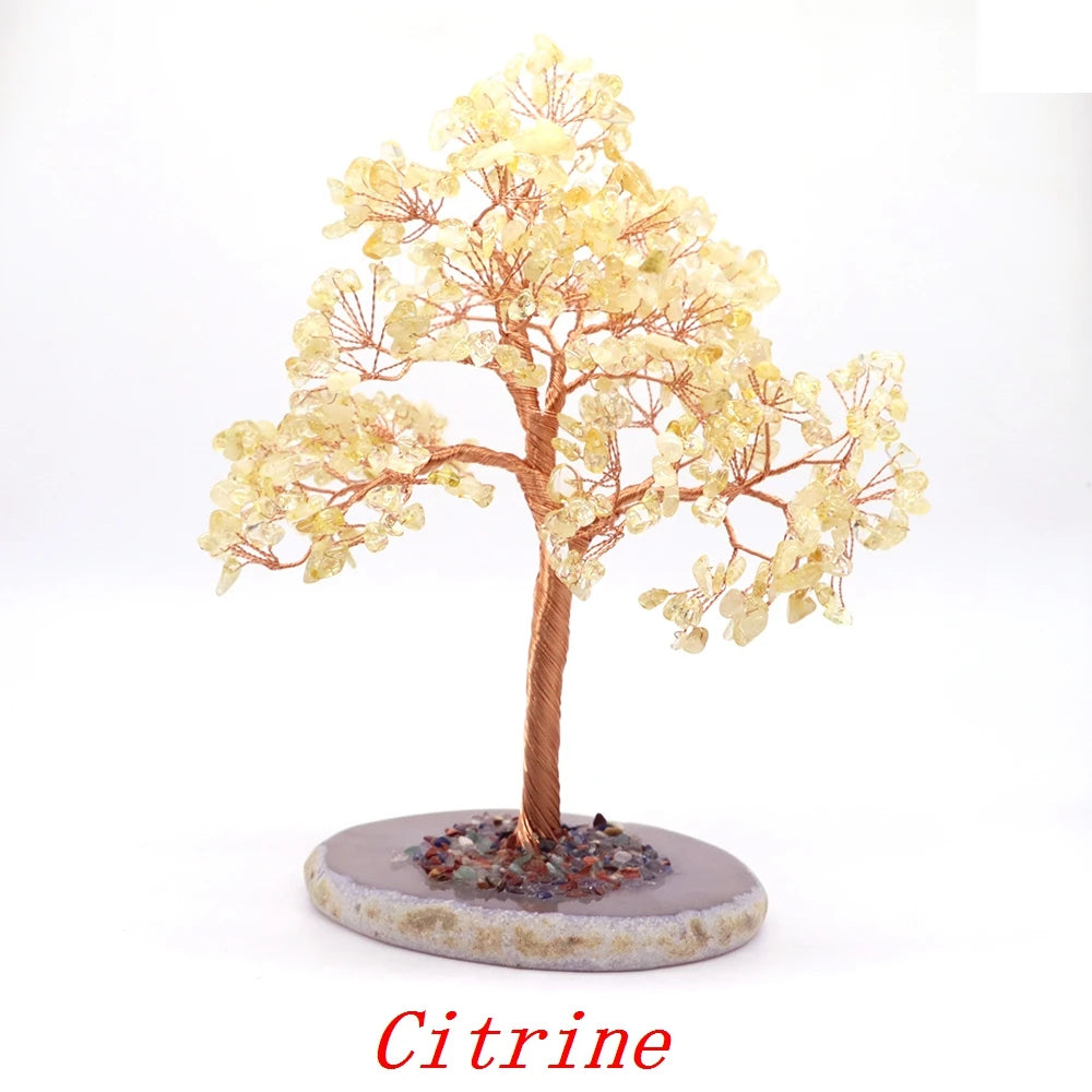 Natural Gemstone Healing Crystal Citrine Lovers Money Tree on Agate Base Feng Shui Rock Stones for Home Office Desk Decorations