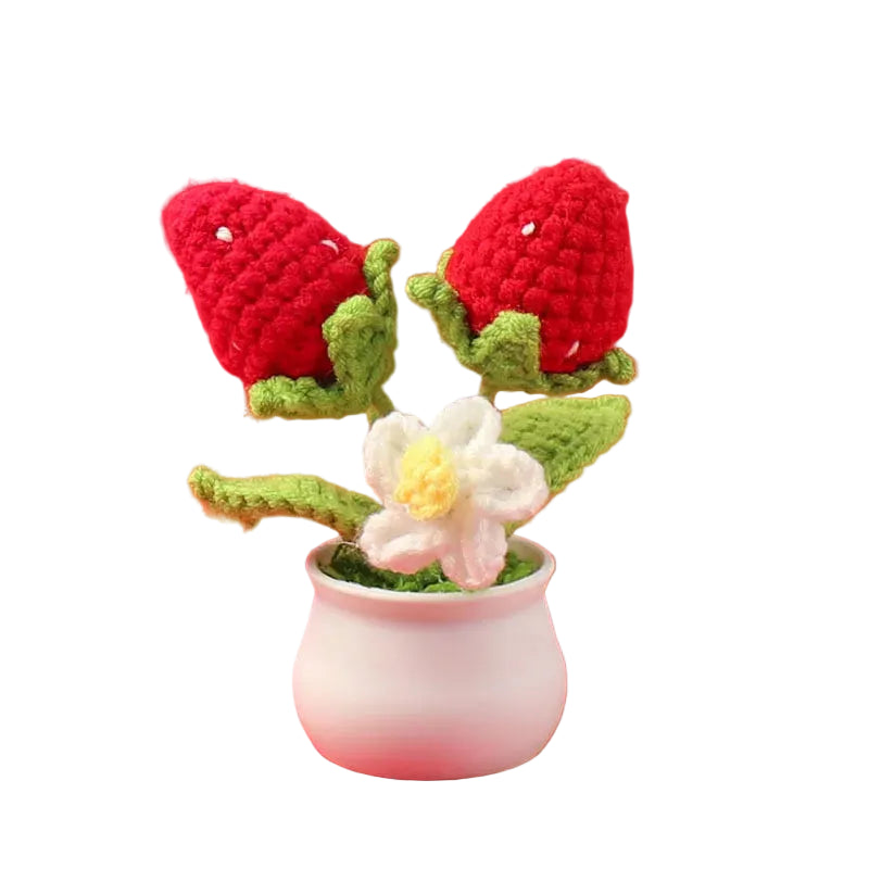 Hemasa Strawberry Crochet Potting Cute Kintted Flowers /Handwoven Flowers for Table Car Bookshelf Home Decor Gift Crochet Strawberry