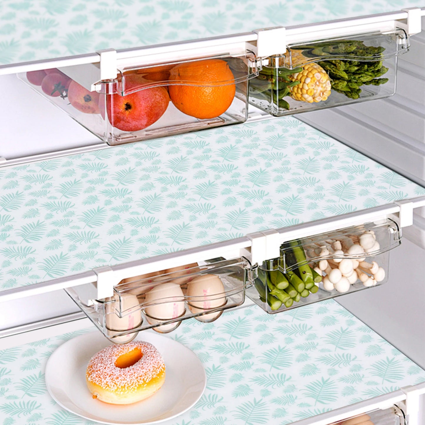 Tejesa Green Colour 18Pcs Refrigerator Liner Waterproof and Oilproof Fridge Shelf Liner with Convex Back Design for Home Kitchen Cabinet Pantry