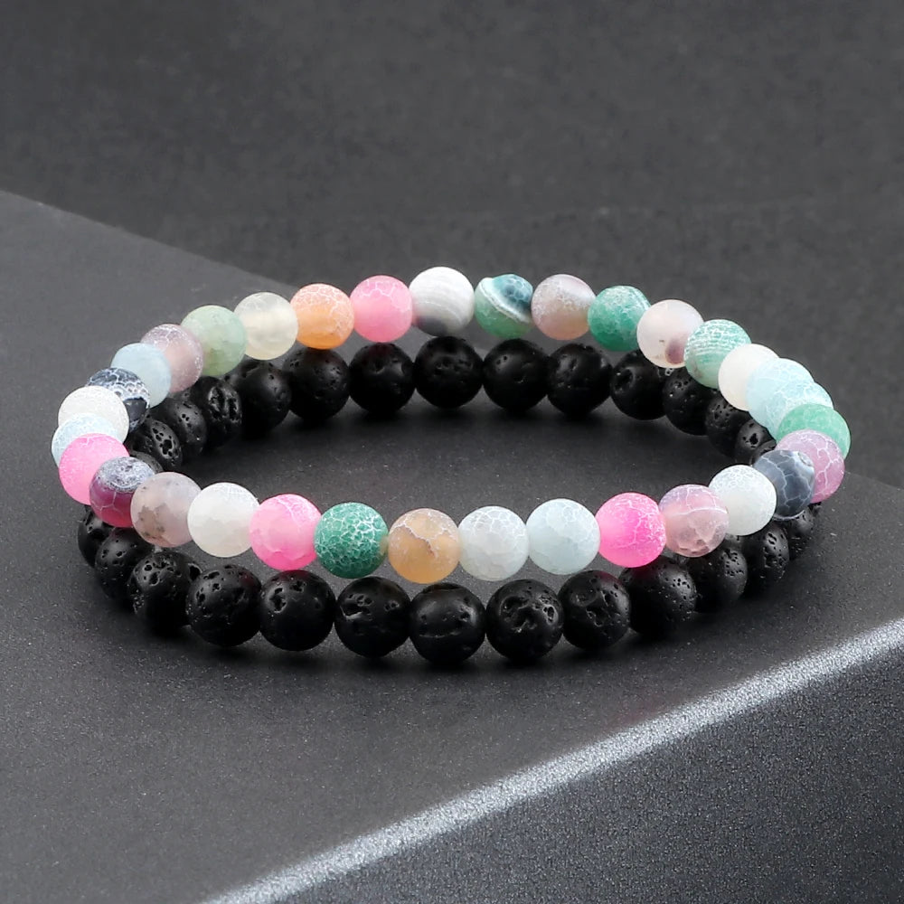 Heamsa 2pcs/set Black Lava Stone Bracelet Men 6mm Natural Cracked Beads Strand Braceelets Stretch Bangles Women Yoga Healing Jewelry