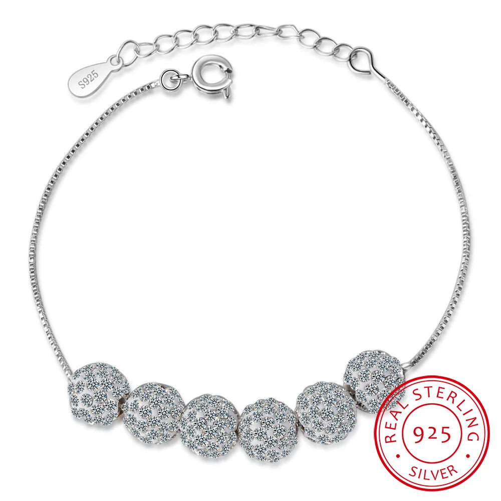 6 Pcs Crystal Beads Lucky Bracelet For Women Gift Luxury 925 Sterling Silver Chain Rhinestone Ball Bracelet Pulseira S-b228