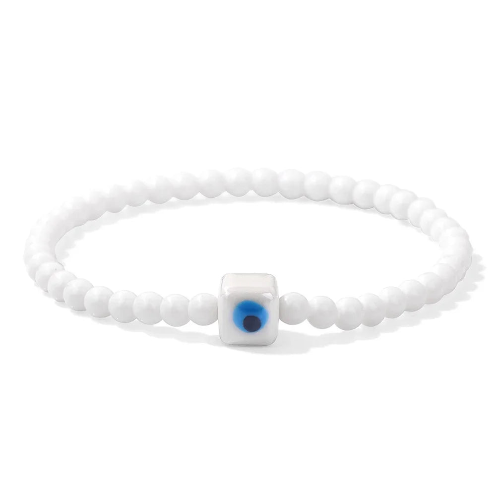 Tejesa Square Eye Bracelet Natural Stone 4mm Beads Elastic Bracelets for Women Men Turkish Evil Eye Lucky Protection Blessing Jewelry