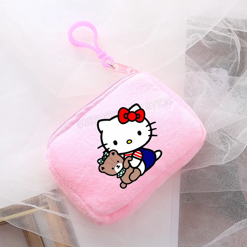 Hemasa  Hello Kitty Mini Plush Coin Purse  / Pink Canvas Square Storage Bag Key Case Handbag Kids Girls Birthday Gifts