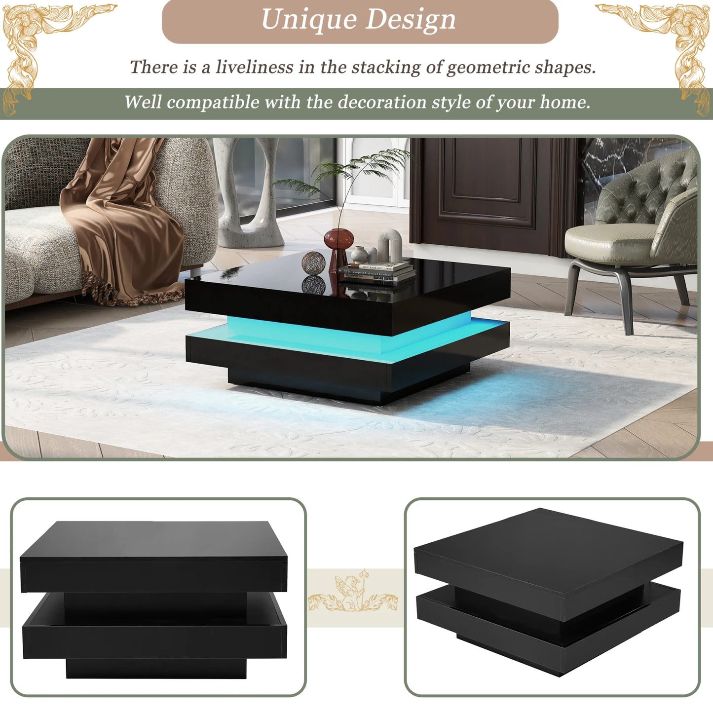Square High Gloss Coffee Table with 360° Rotating Top,Tea Table with 16-Color LED Light,Centre Table Home Furniture 70x70x36 cm