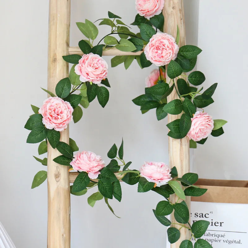 Wall Hanging Pink Silk Peony Artificial DIY Home Garden Decoration Artificial Flower Garland Green Plants Big Flowers Vines