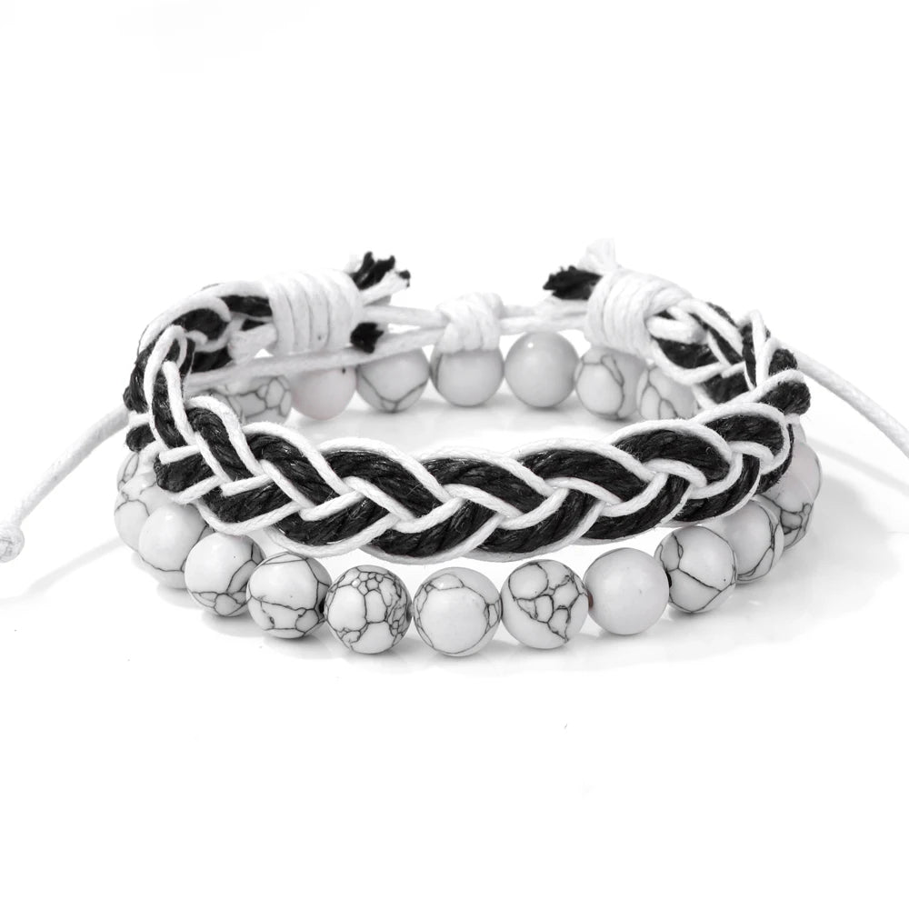 Tejesa 2pcs/set Boho Handmade Braided Rope Bracelet Natural Stone Lava Volcanic Beads Charm Bracelets Set Jewelry for Men Women Gift
