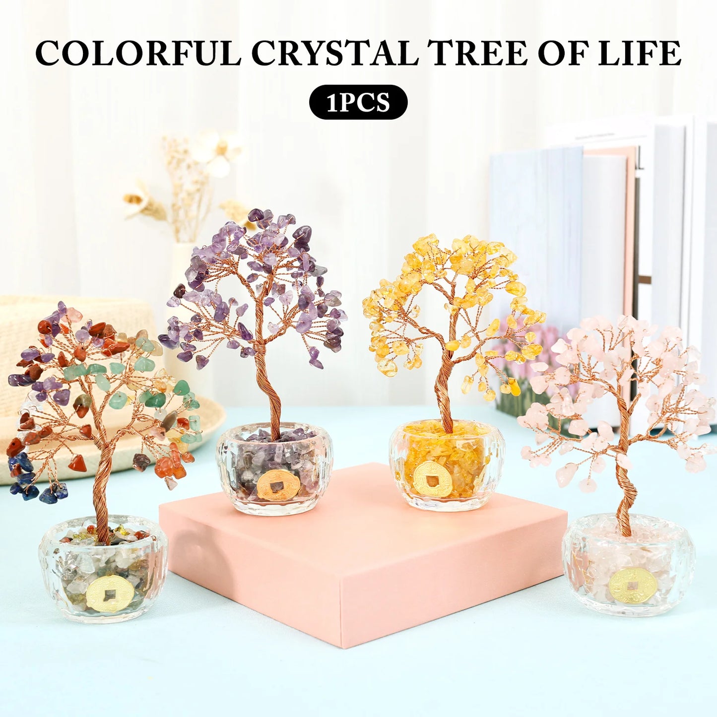 Mini Crystal Money Tree Copper Wire Wrapped Crystal Tree Potted Plant Healing Gemstone Yoga Feng Shui Trees Home Crystal Decor
