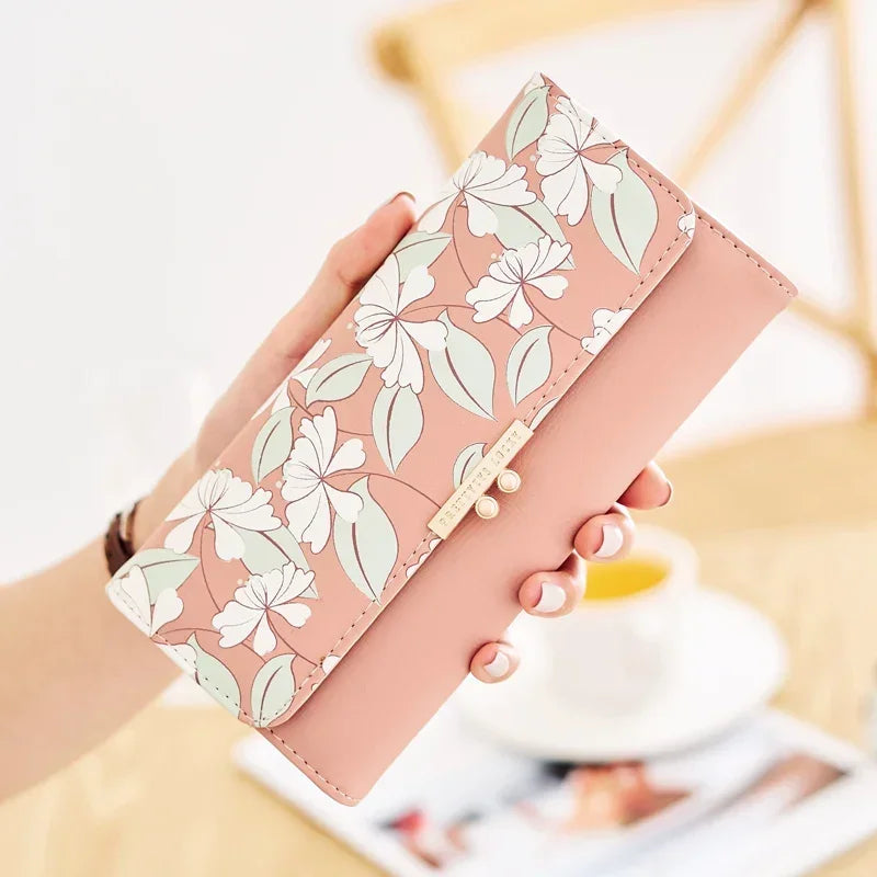 Tejesa Women's Cute Purse Long Printing Flower Wallet Phone Female Three Fold Clutch Large Capacity Wallet