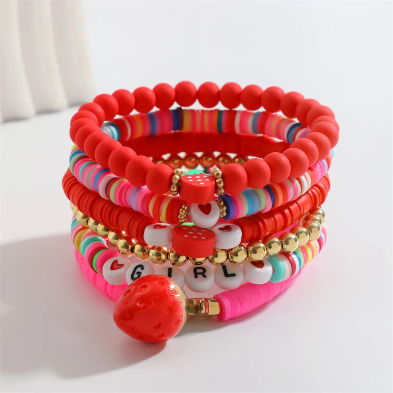Cute Strawberry Beaded Bracelets Set for Women Boho Soft Ceramic Lettet Love Bracelet Charm Handwoven Stretch Rope Party Jewelry