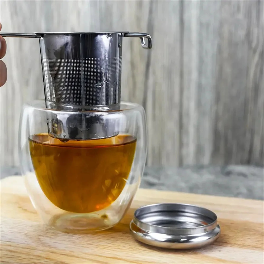 Hemasa 1pc Premium Stainless Steel Tea Filter Extended Folding Handle, Loose Tea Drainer with Lid,Anti-Scald Multi-Purpose Tea Strainer