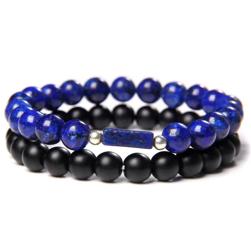 2pcs/set Beaded Bracelet Natural Stone Tiger Eye Hematite Beads Bracelet Men Energy Elastic Rope Bracelet Jewelry Couples Gifts