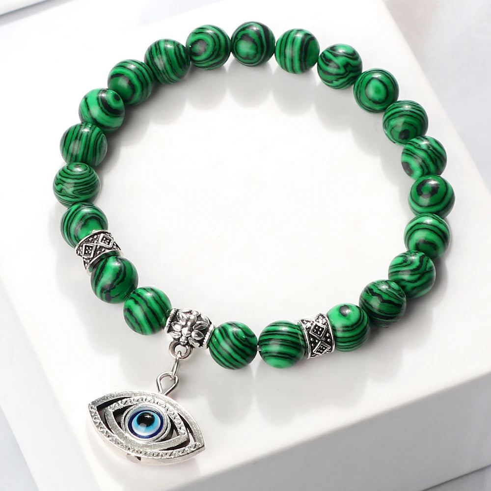 Hemasa Malachite Beads  Bracelet with  Evil Eye Pendant