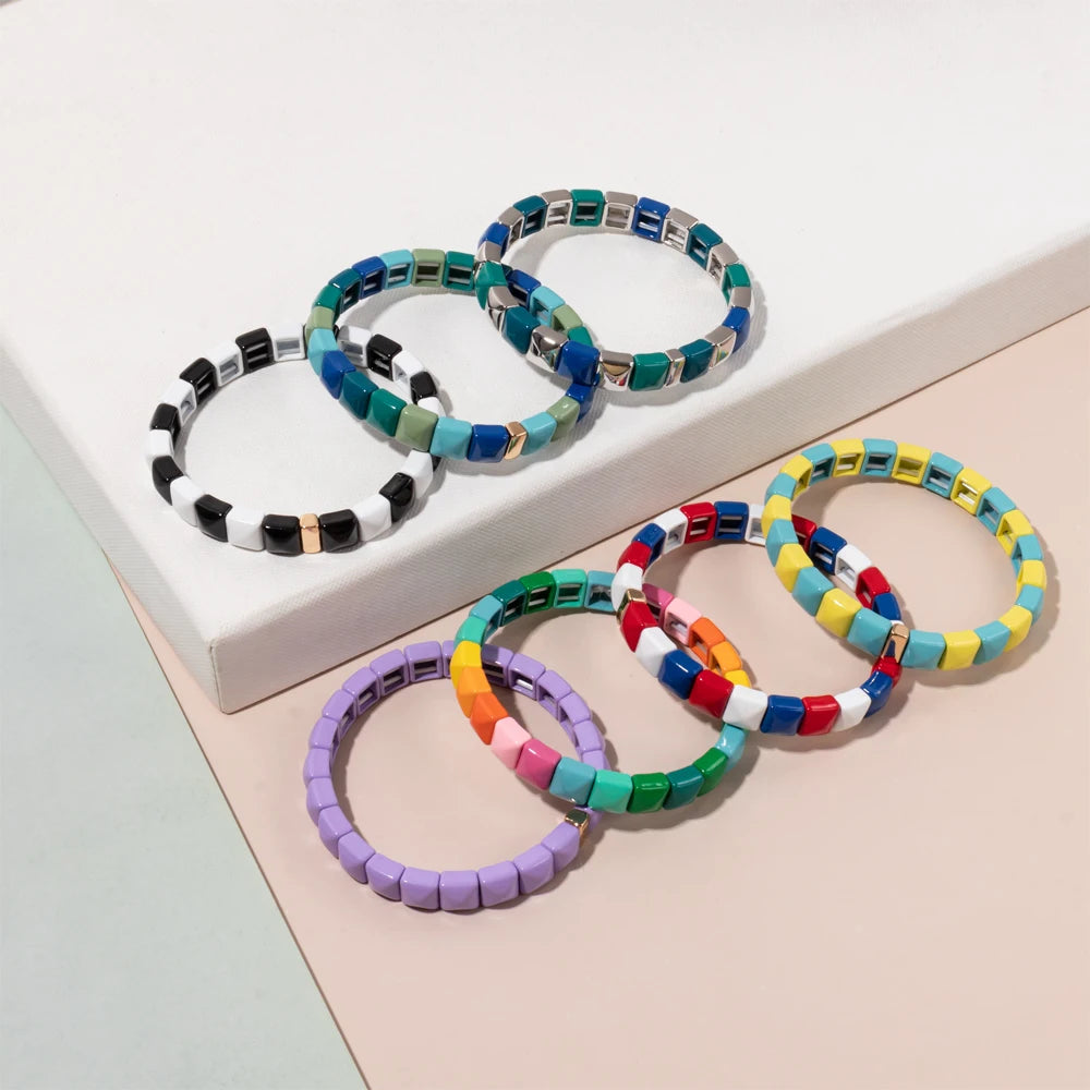 Tejesa Colorful Enamel Square Shape Rhombus Faced Bohemain Geometric Elastic Bracelets For Women