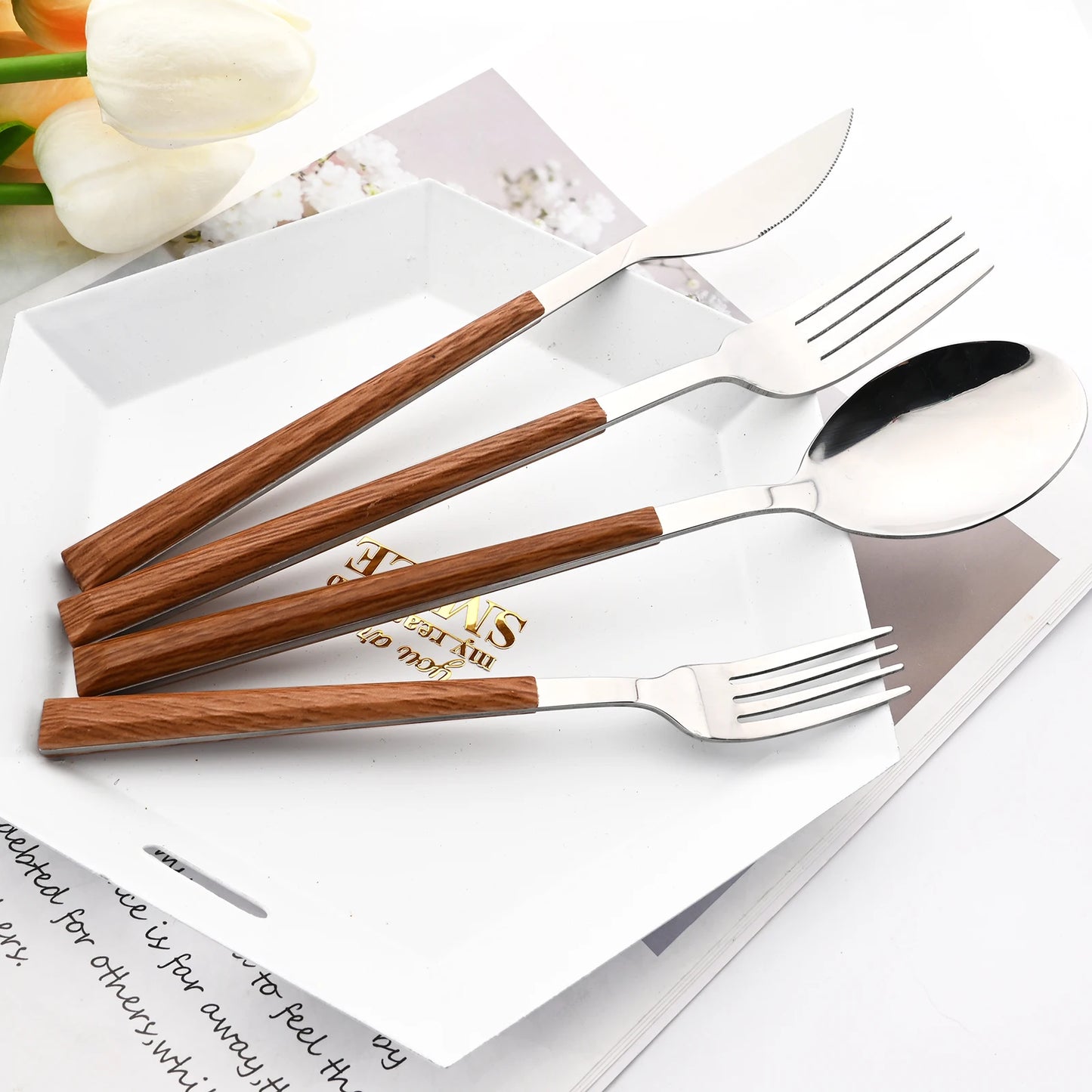 Hemasa 16/24/30Pcs Stainless Steel  Wooden Handle Cutlery Set Dinnerware Clamp Western Tableware Knife Fork Tea Spoon