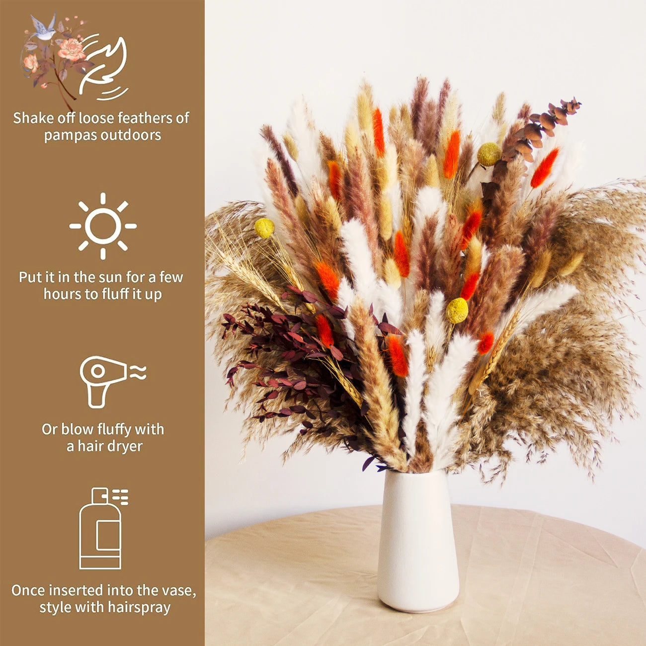 Fluffy Bunny Tails Grass Dried Flowers Pampas Bouquet for Wedding DIY Dining Table Decor Eucalyptus Leaves Home Party Decoration