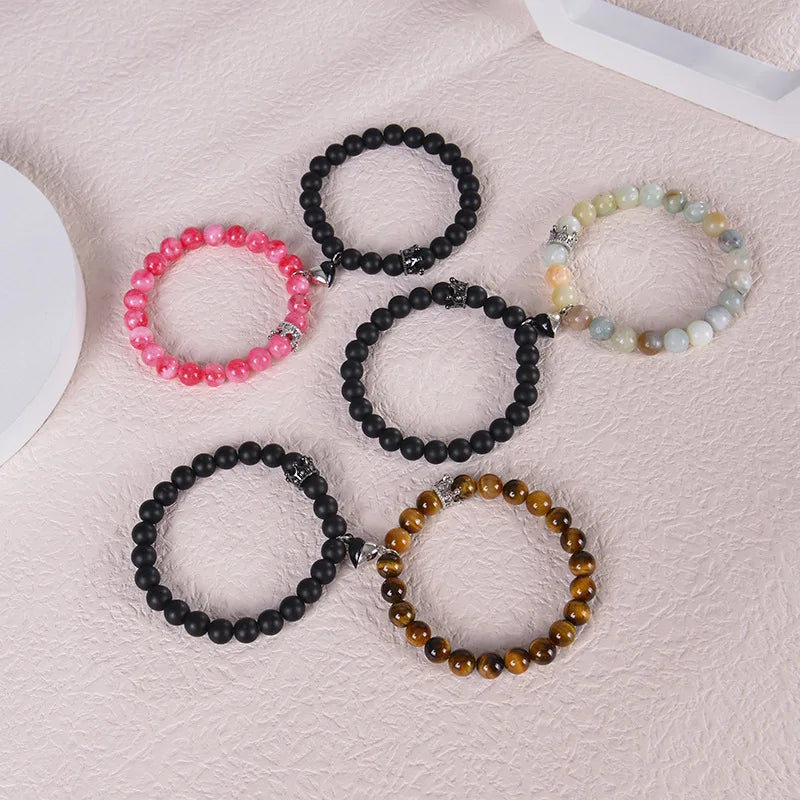 2023 White Turquoise Frosted Stone Magnetic Couple Charm Bracelets Fashion Crown Natural Stone Beaded Bracelet for Men and Women
