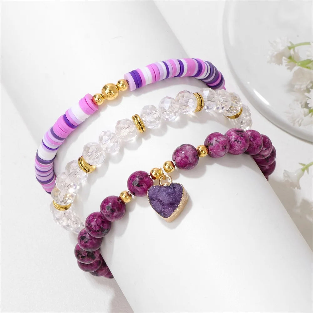 3Pcs/Set Bohemia Colorful Stone Bracelets Faceted Quartzs Crystals Beaded Bracelet Heishi Polymer Clay Beads Bracelet Men Women