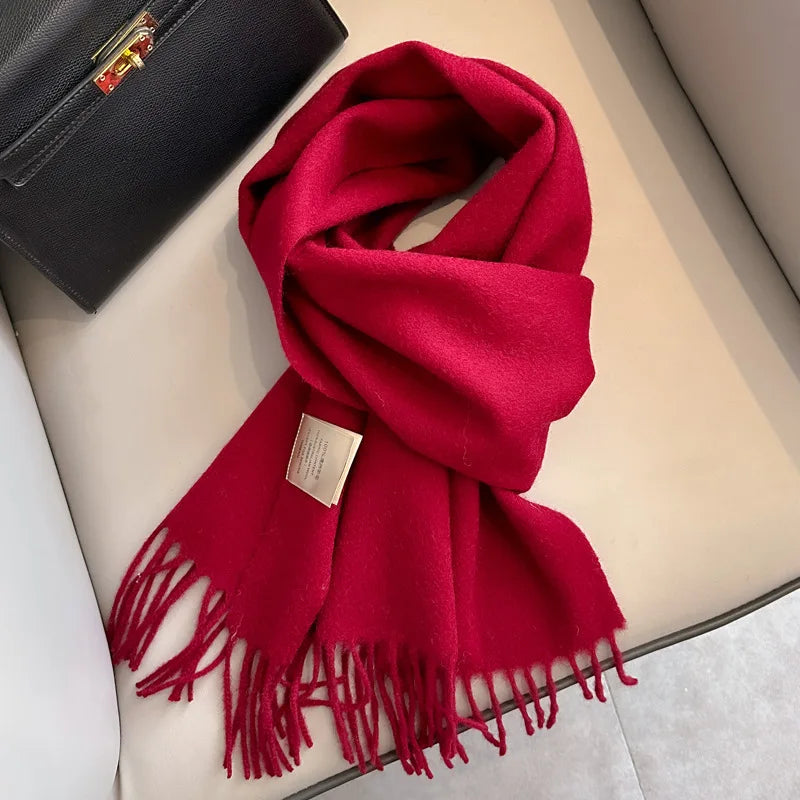 China Red Pure Wool Scarf Women's Autumn and Winter Warm Mother Scarf Light Luxury High-end Fringed Shawl