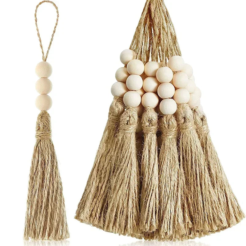 5pcs Jute Tassel with 3 Wood Beads Retro Country Bead String Twine Fringe for DIY Crafts Tassels Home Wedding Party Decor
