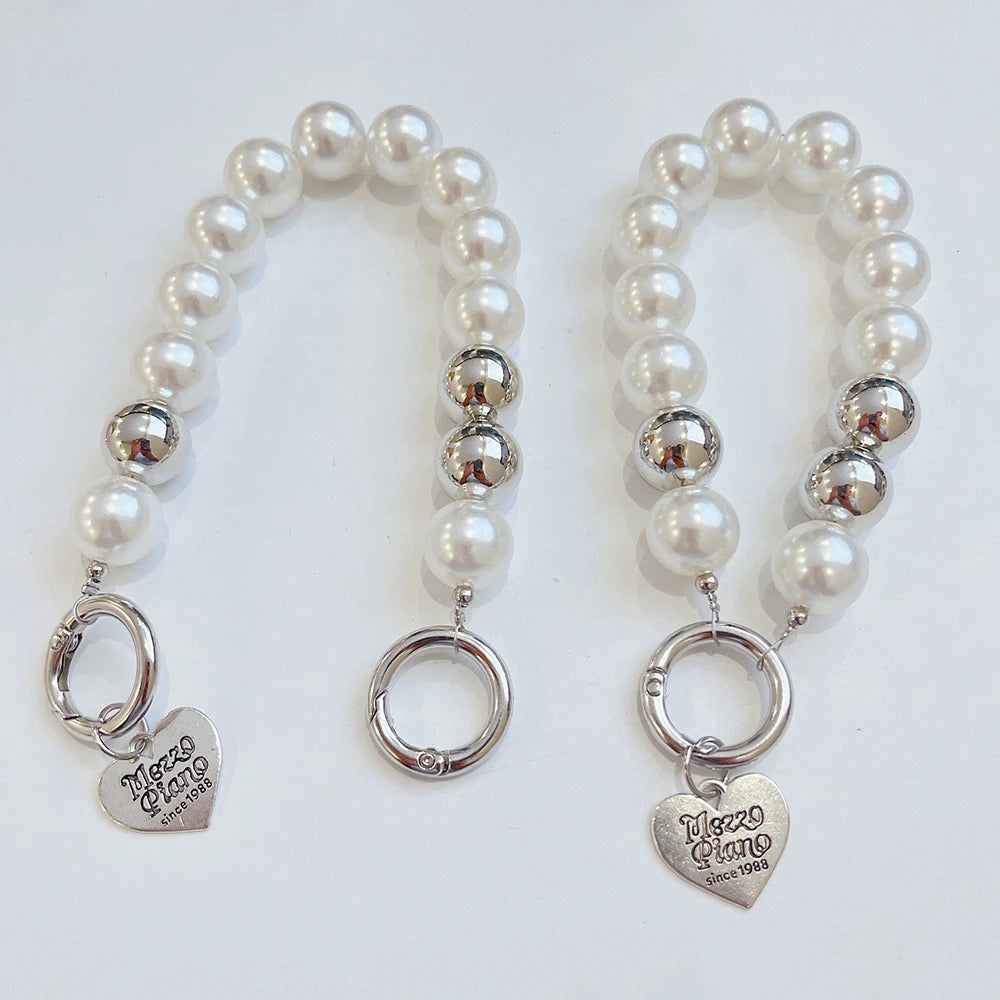 Trendy Bead Heart Key Chain Handbag Pendant Wrist Hanging Chains Women Key Ring Charm Gifts Wallet Strap Short Anti Drop