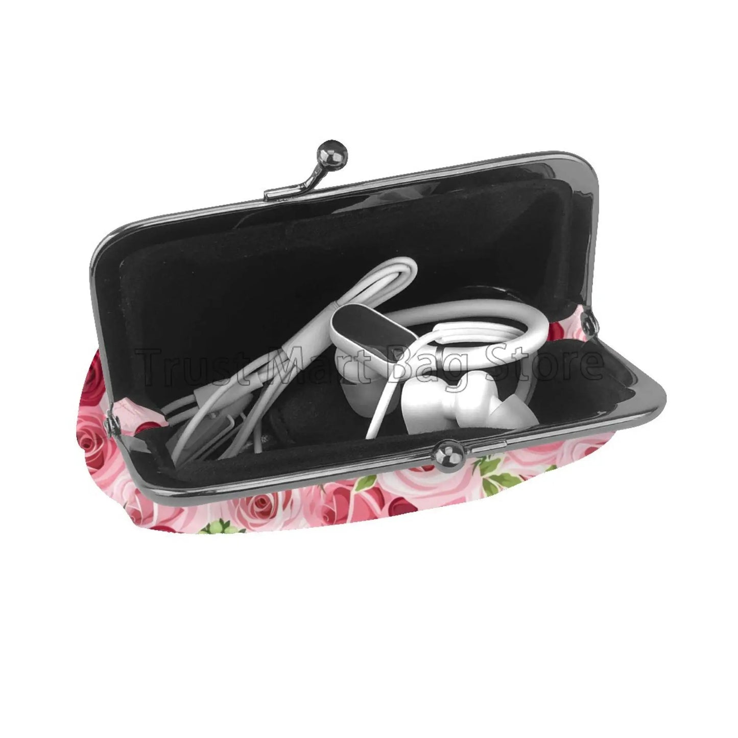 Hemasa Pink Red Rose Print Leather Coin Purse Small Kiss-Lock Change Pouch Clasp Closure Buckle Wallet for Women /Girls /Wife